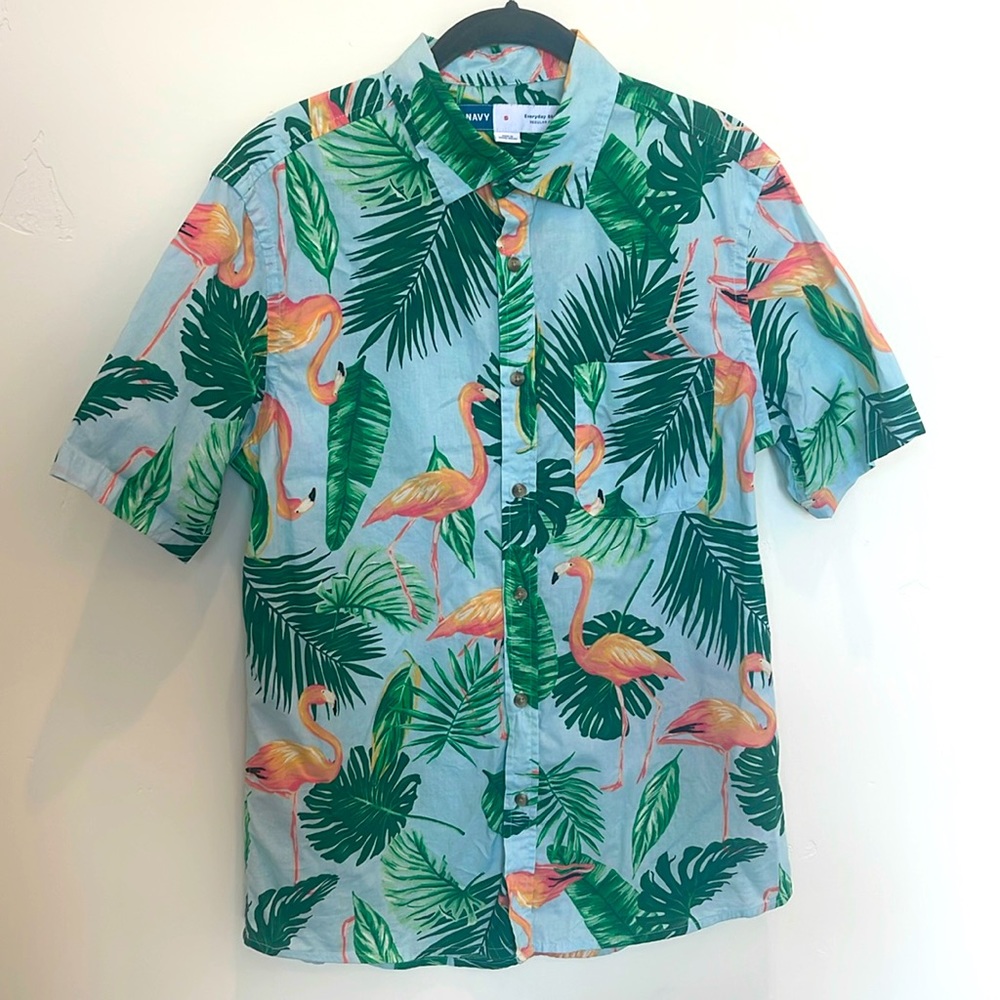 Old Navy Men’s Size Small Flamingo Palm Print Blue Short Sleeve Tropical Shirt